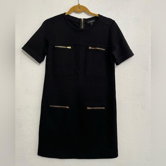 J Crew Solid Black Gold Zipper Accent Wool Blend Short Sleeve Shift Dress Size 2 - Picture 1 of 10